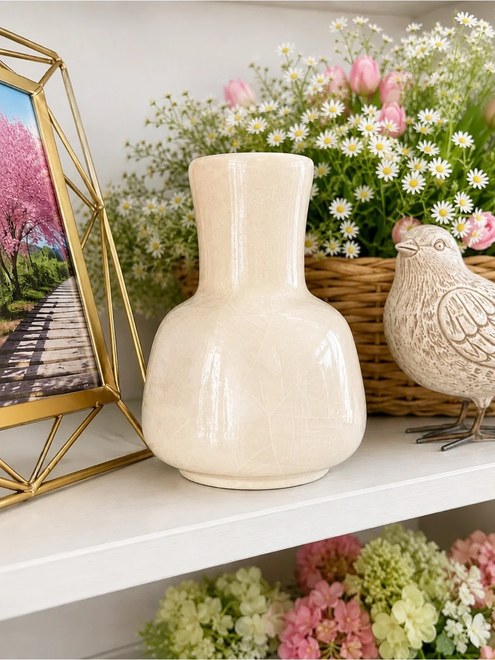 Vintage Ivory Crackle Glaze Pottery Vase with Applied Pink Rose – Cottage Floral